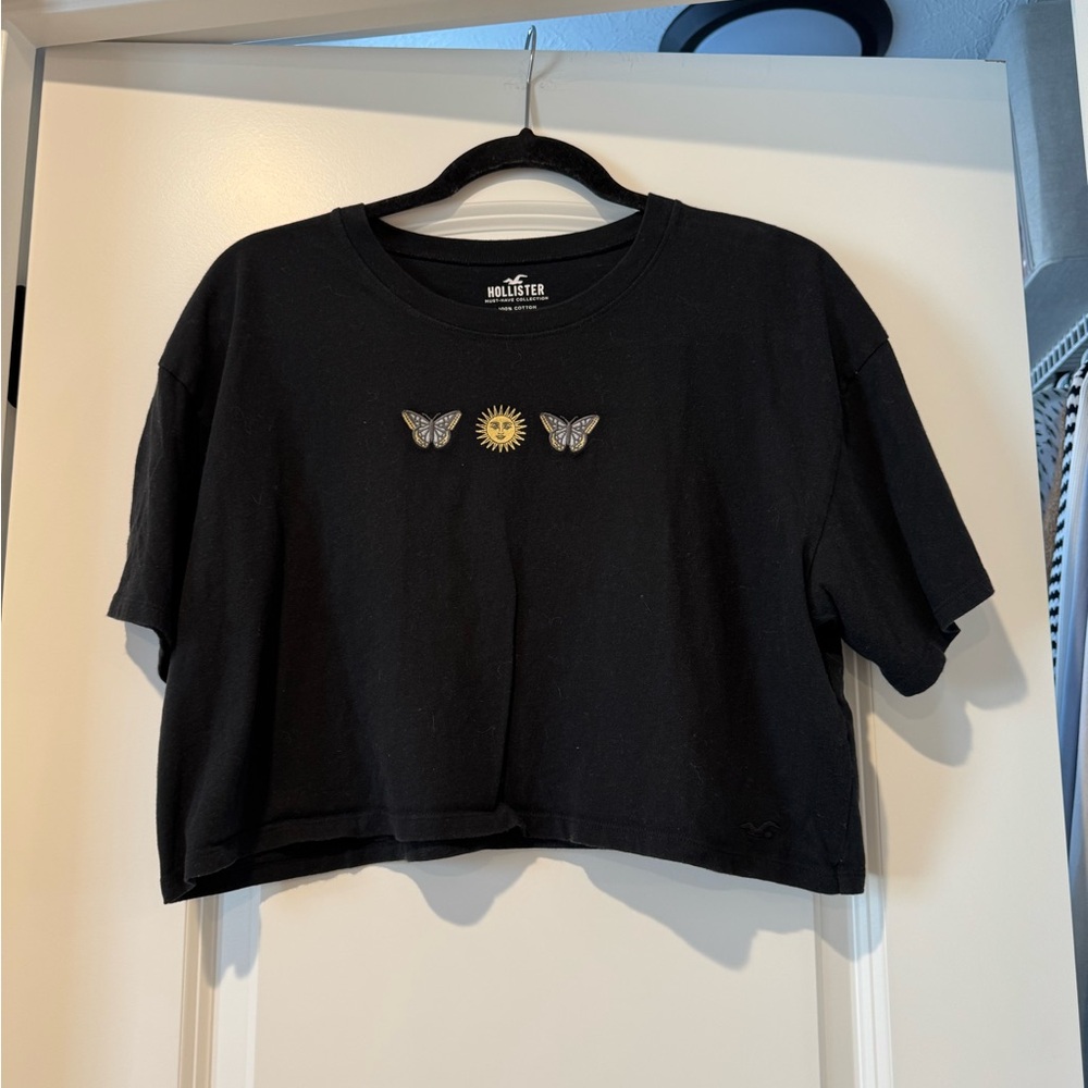 Hollister Black Tee with Yellow Sun & Gray Butterflies